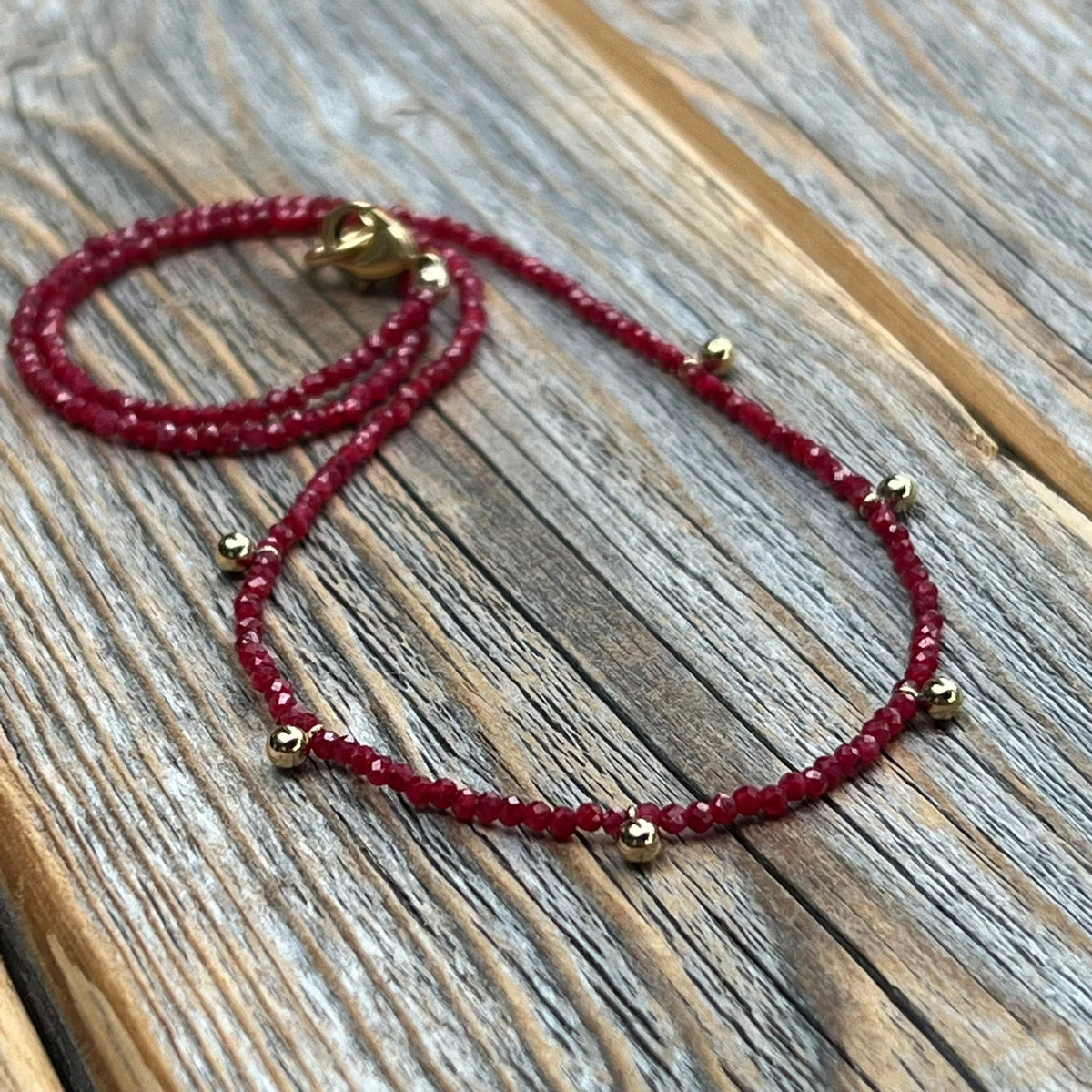 Dainty Ruby Necklace – 24K Gold Beaded Layering Necklace