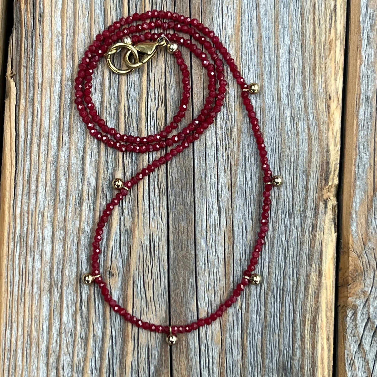 Dainty Ruby Necklace – 24K Gold Beaded Layering Necklace