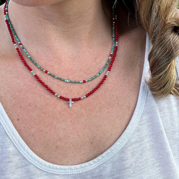 Dainty Turquoise and Coral Beaded Necklace, Layering Necklace, Minimalist Bead Necklace, Everyday Jewelry, Gift for Her