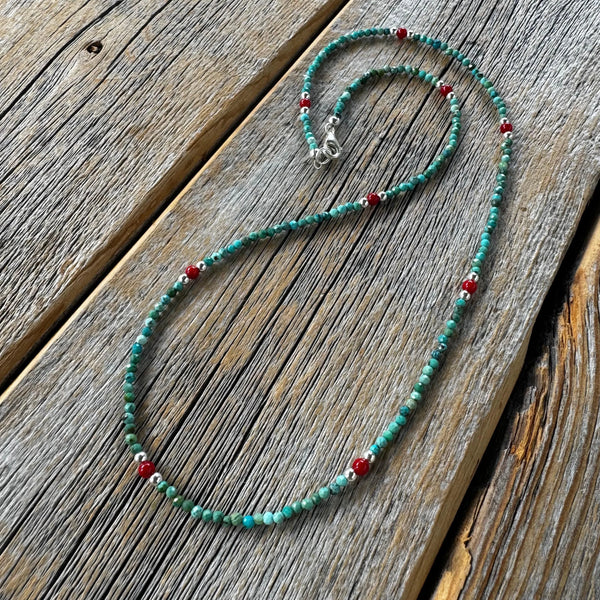 Dainty Turquoise and Coral Beaded Necklace, Layering Necklace, Minimalist Bead Necklace, Everyday Jewelry, Gift for Her