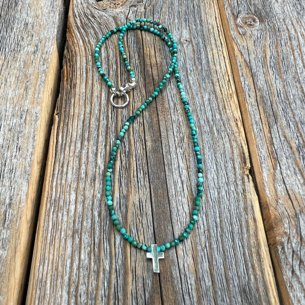 Dainty Turquoise Beaded Cross Necklace, Sterling Silver Charm, Minimalist Everyday Jewelry