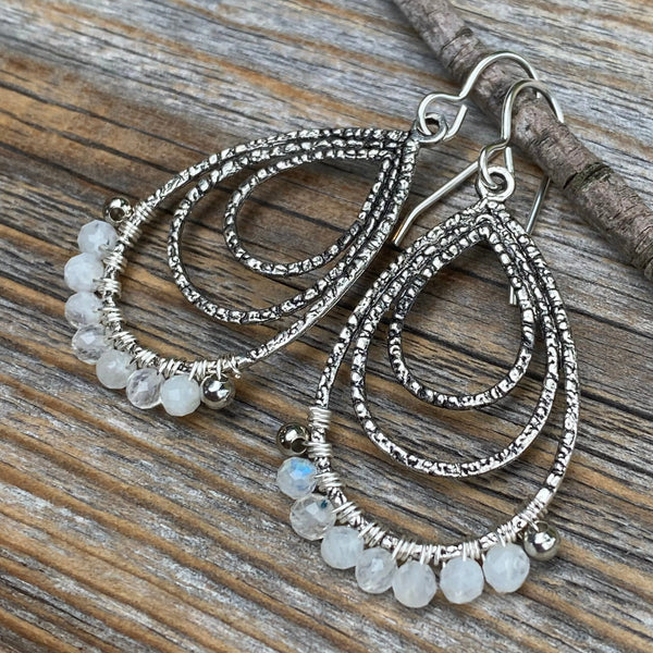 Faceted Moonstone Teardrop Earrings, Sterling Silver, Handmade
