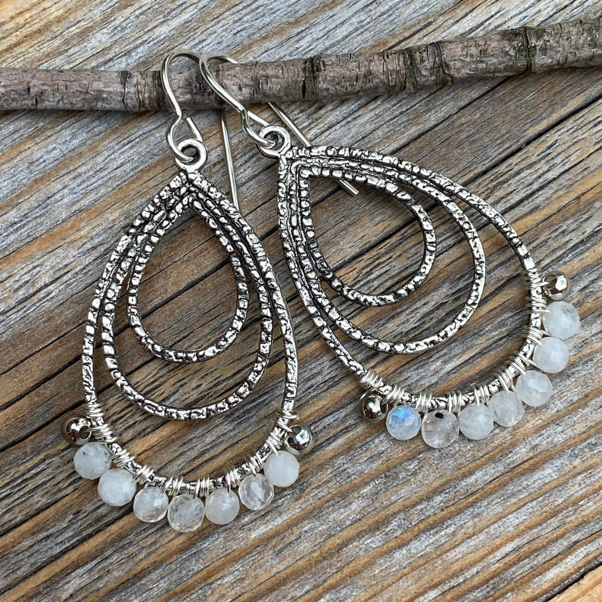 Faceted Moonstone Teardrop Earrings, Sterling Silver, Handmade