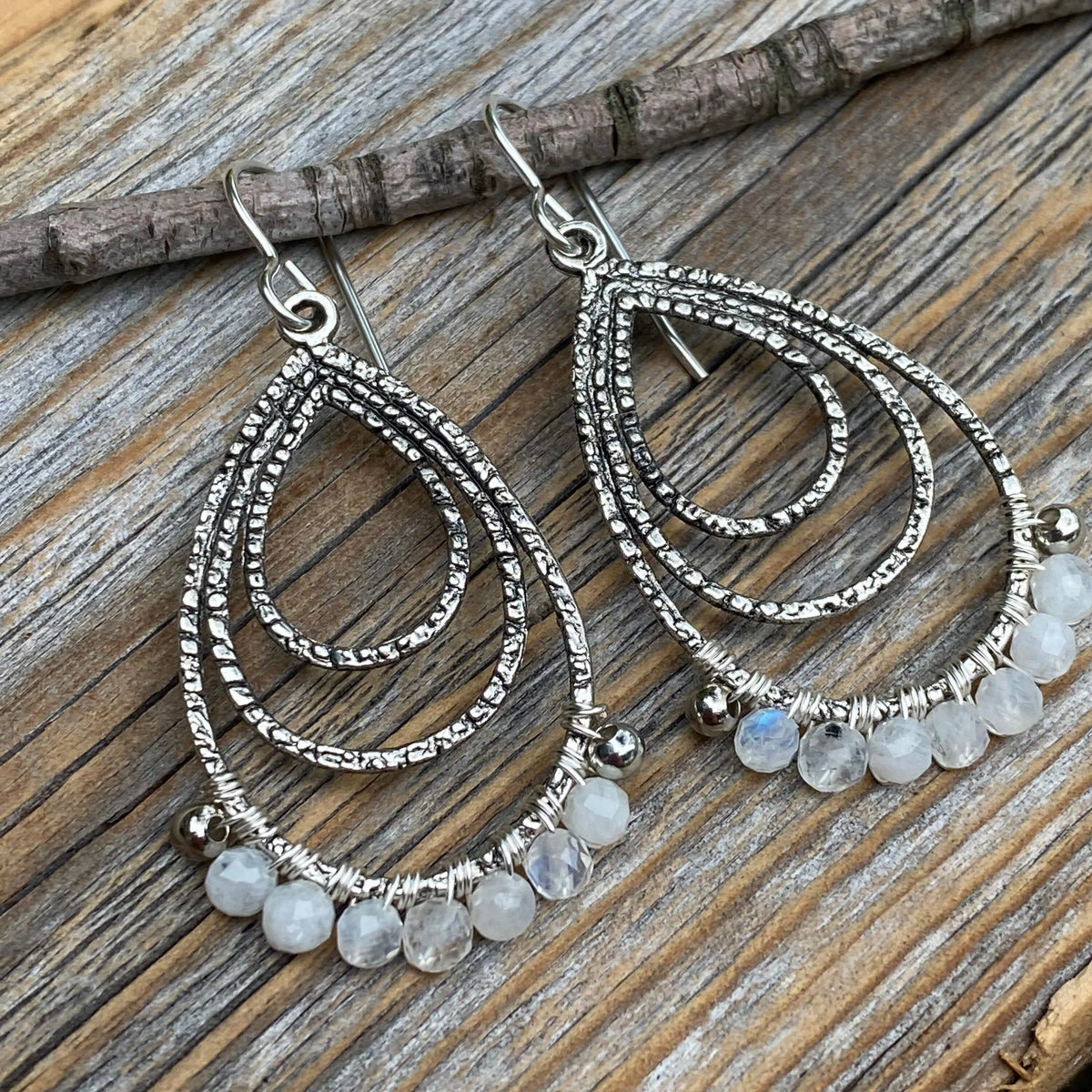 Faceted Moonstone Teardrop Earrings, Sterling Silver, Handmade
