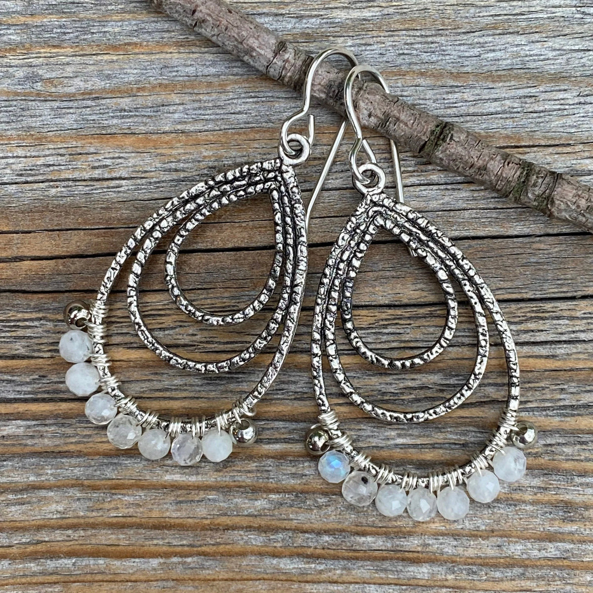 Faceted Moonstone Teardrop Earrings, Sterling Silver, Handmade