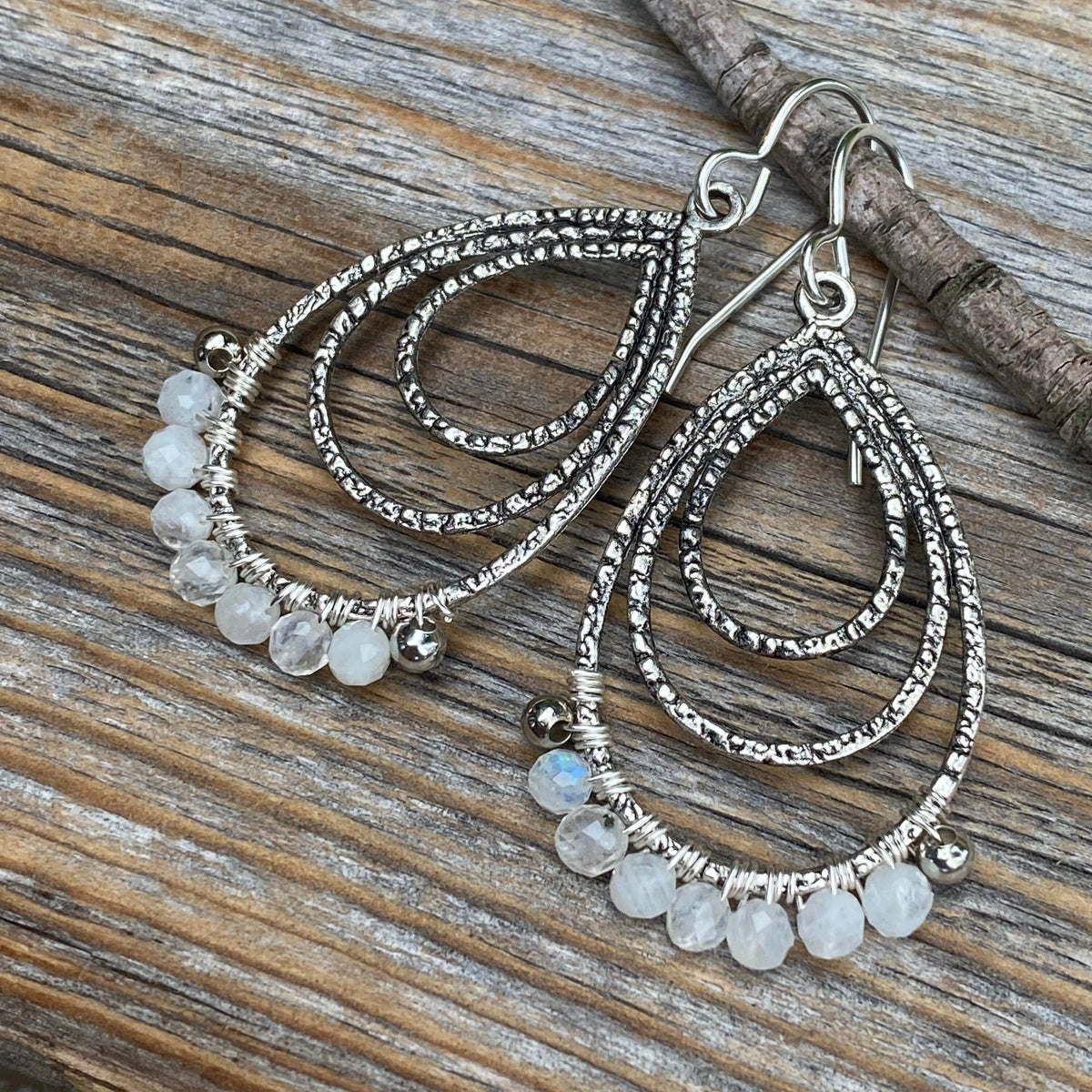Faceted Moonstone Teardrop Earrings, Sterling Silver, Handmade