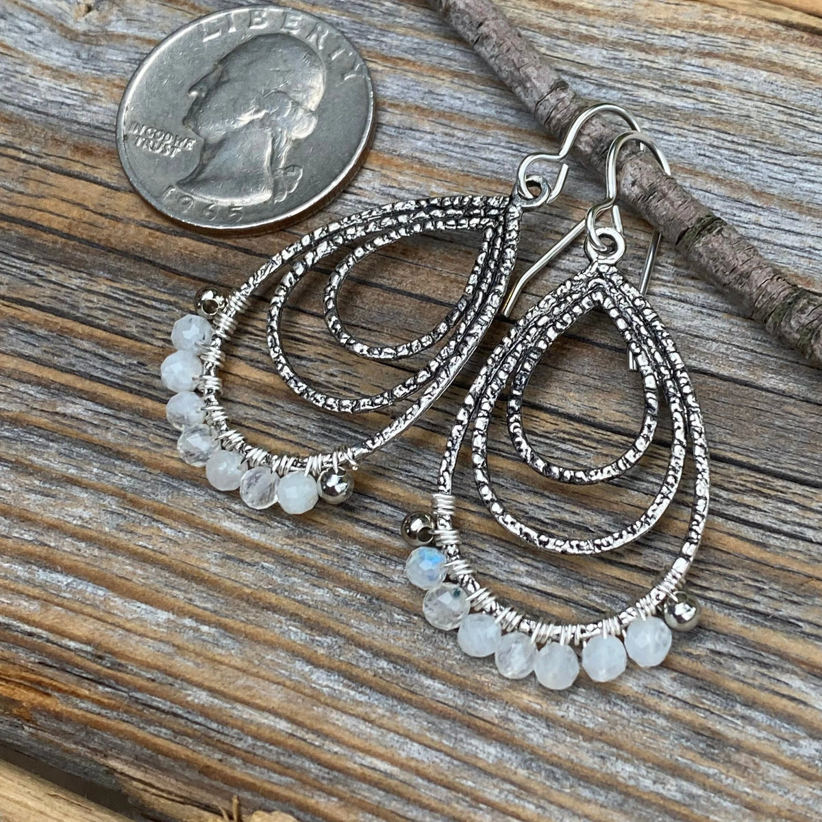 Faceted Moonstone Teardrop Earrings, Sterling Silver, Handmade