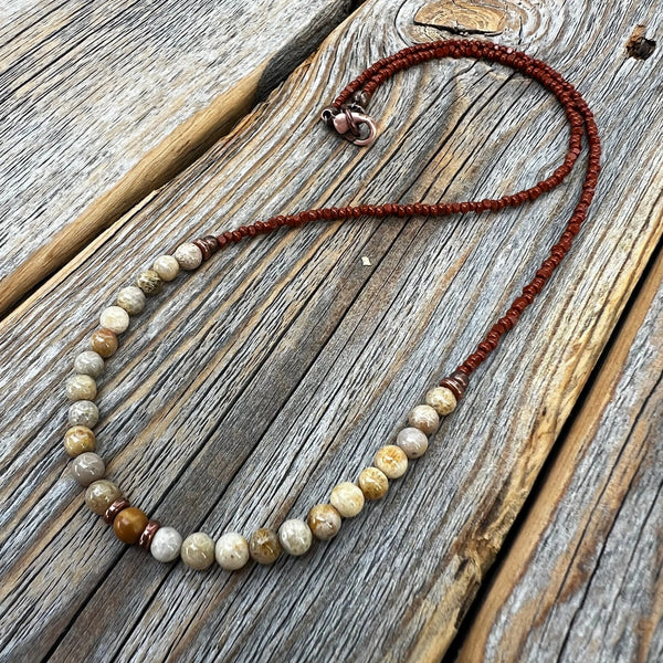 Fossil Coral Gemstone Necklace, Earthy Brown Beaded Layering Jewelry