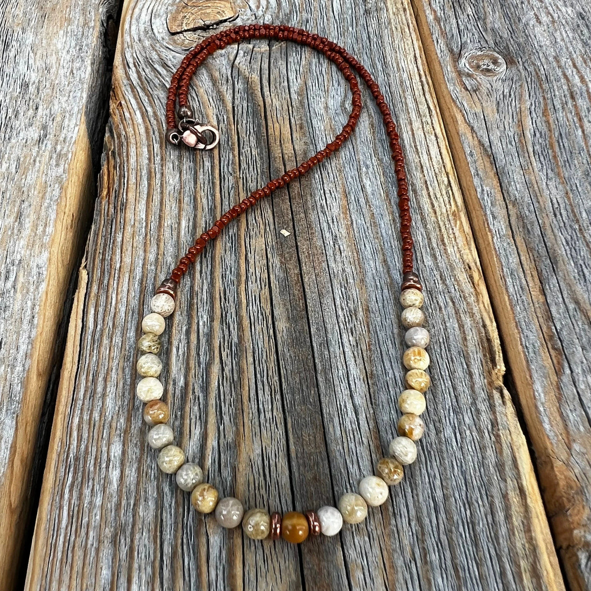 Fossil Coral Gemstone Necklace, Earthy Brown Beaded Layering Jewelry