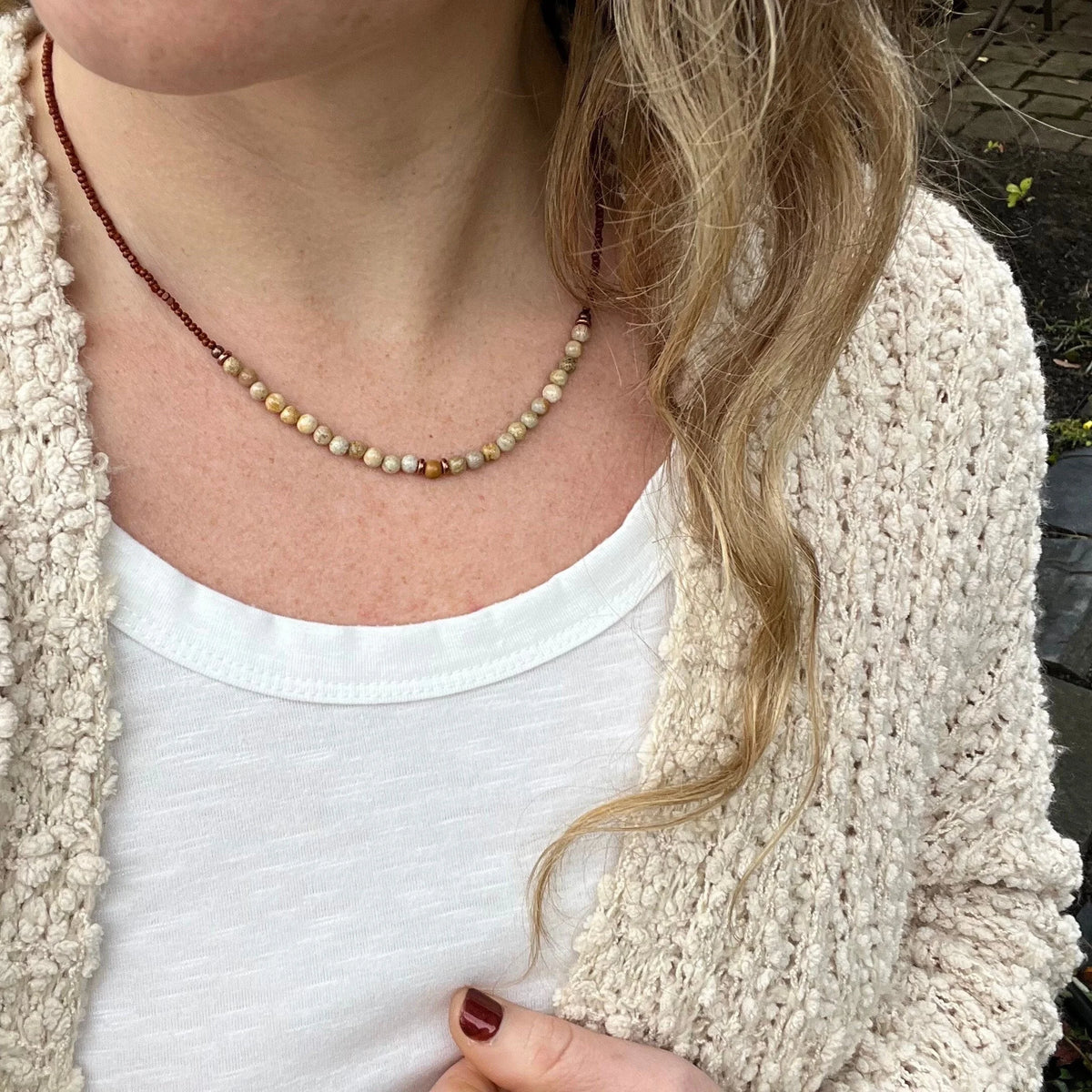 Fossil Coral Gemstone Necklace, Earthy Brown Beaded Layering Jewelry