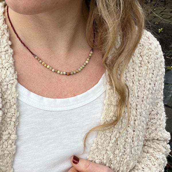 Fossil Coral Gemstone Necklace, Earthy Brown Beaded Layering Jewelry