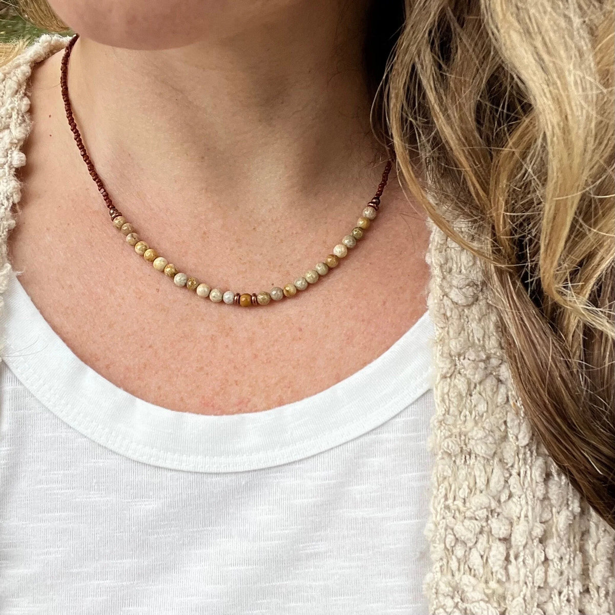 Fossil Coral Gemstone Necklace, Earthy Brown Beaded Layering Jewelry