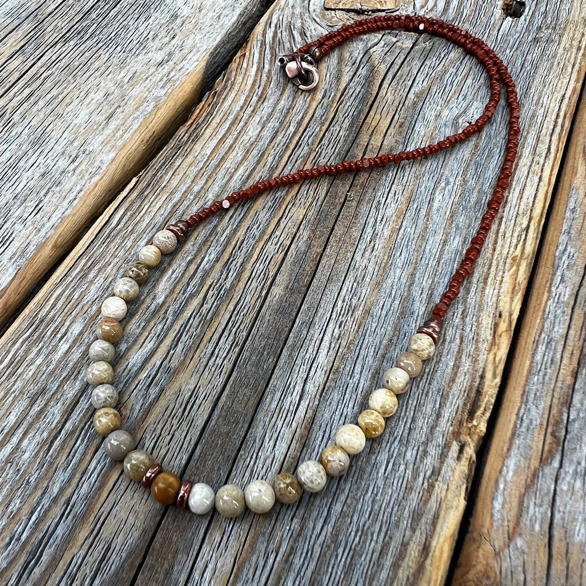 Fossil Coral Gemstone Necklace, Earthy Brown Beaded Layering Jewelry
