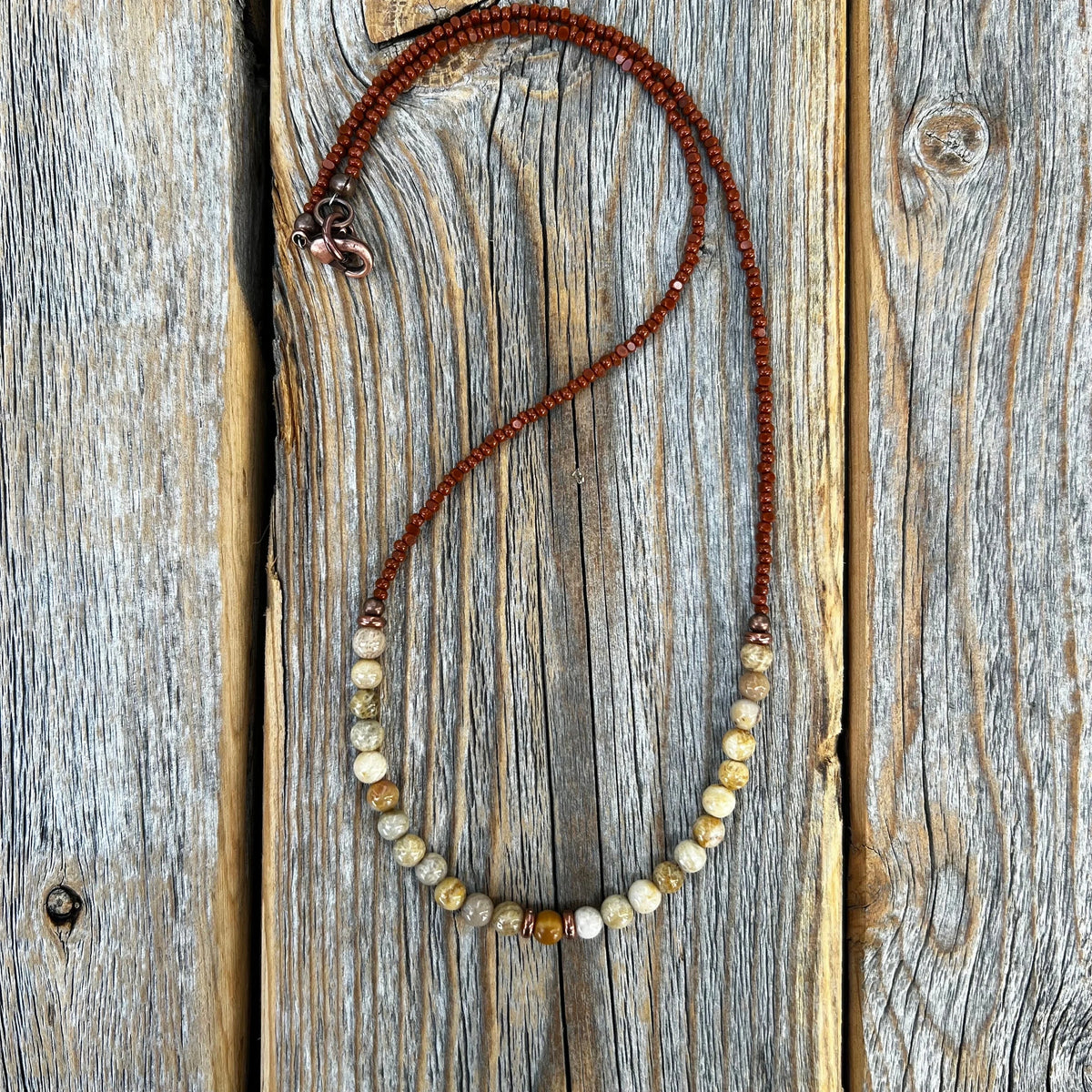 Fossil Coral Gemstone Necklace, Earthy Brown Beaded Layering Jewelry