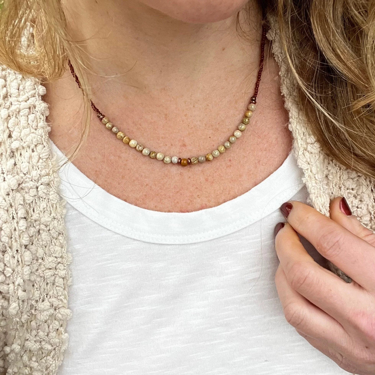 Fossil Coral Gemstone Necklace, Earthy Brown Beaded Layering Jewelry