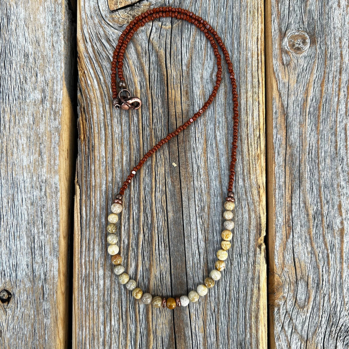 Fossil Coral Gemstone Necklace, Earthy Brown Beaded Layering Jewelry