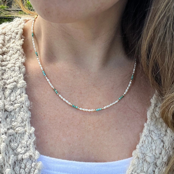 Freshwater Pearl and Turquoise Necklace - Beaded Gold Accent Choker