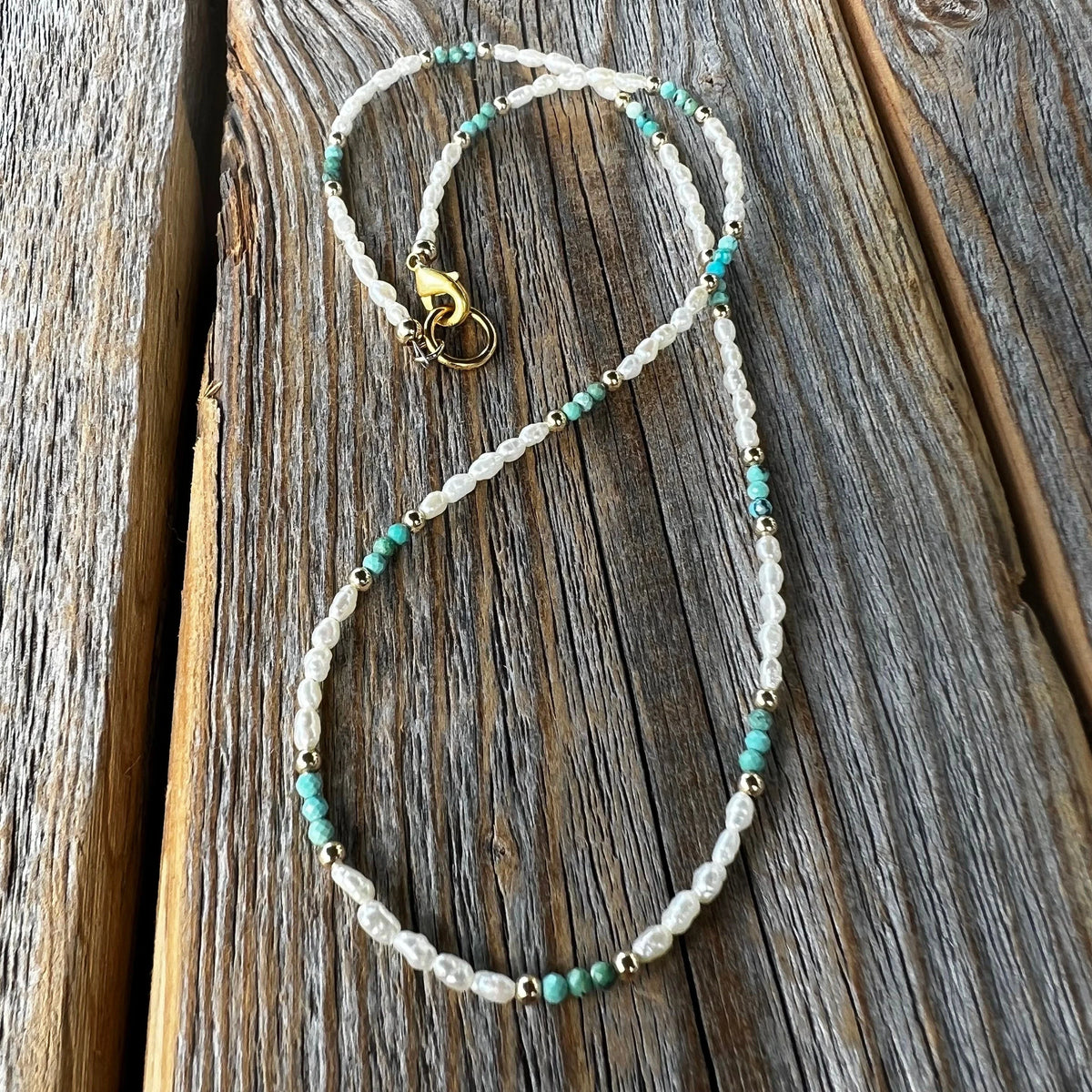 Freshwater Pearl and Turquoise Necklace - Beaded Gold Accent Choker