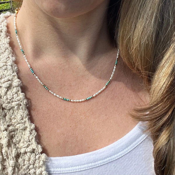 Freshwater Pearl and Turquoise Necklace - Beaded Gold Accent Choker