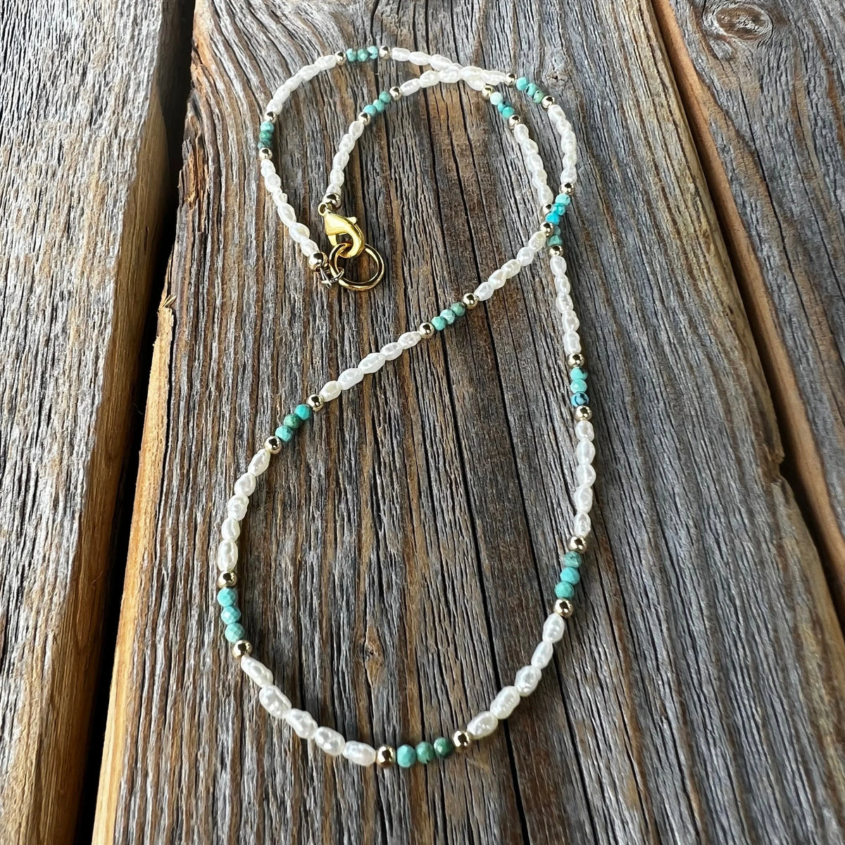 Freshwater Pearl and Turquoise Necklace - Beaded Gold Accent Choker