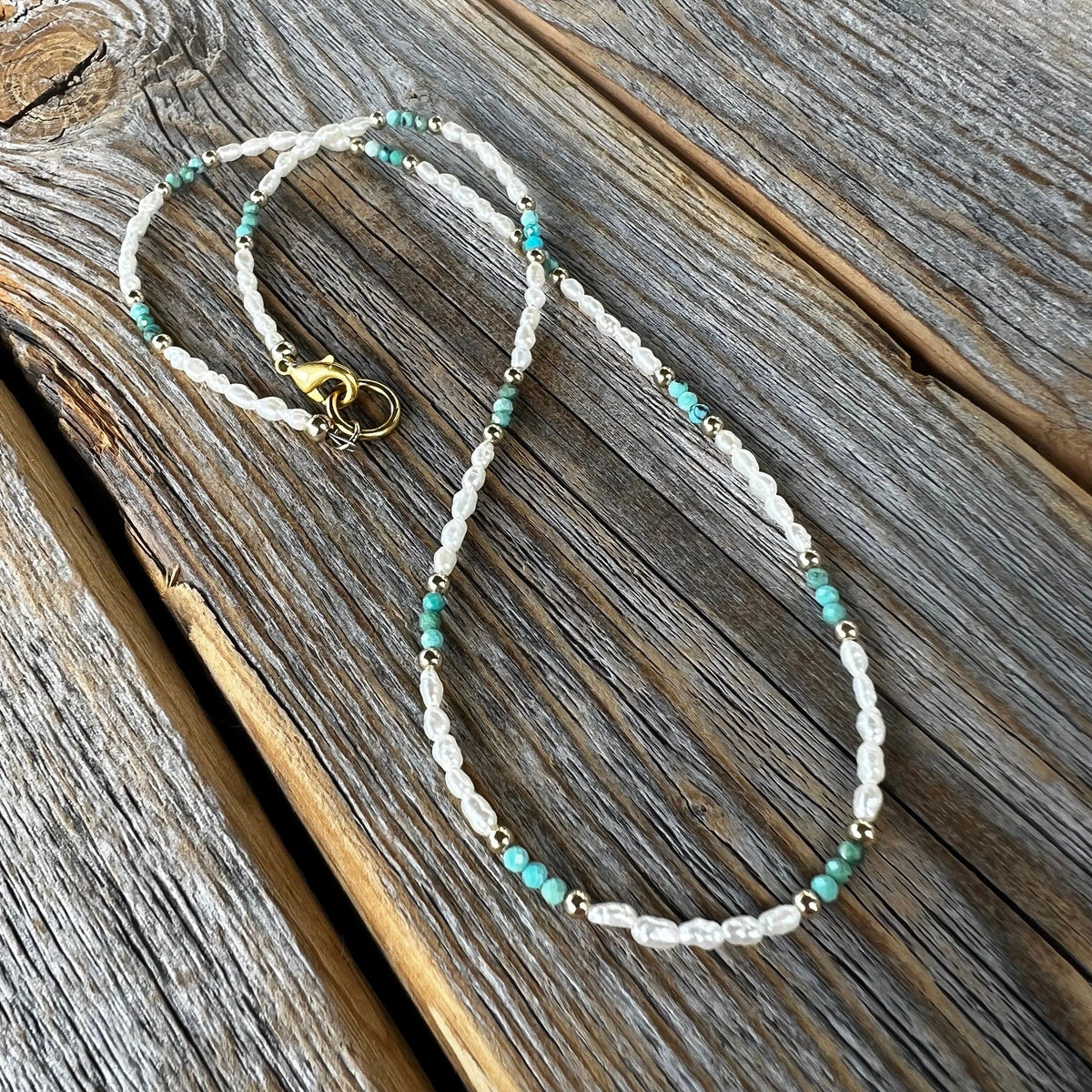 Freshwater Pearl and Turquoise Necklace - Beaded Gold Accent Choker