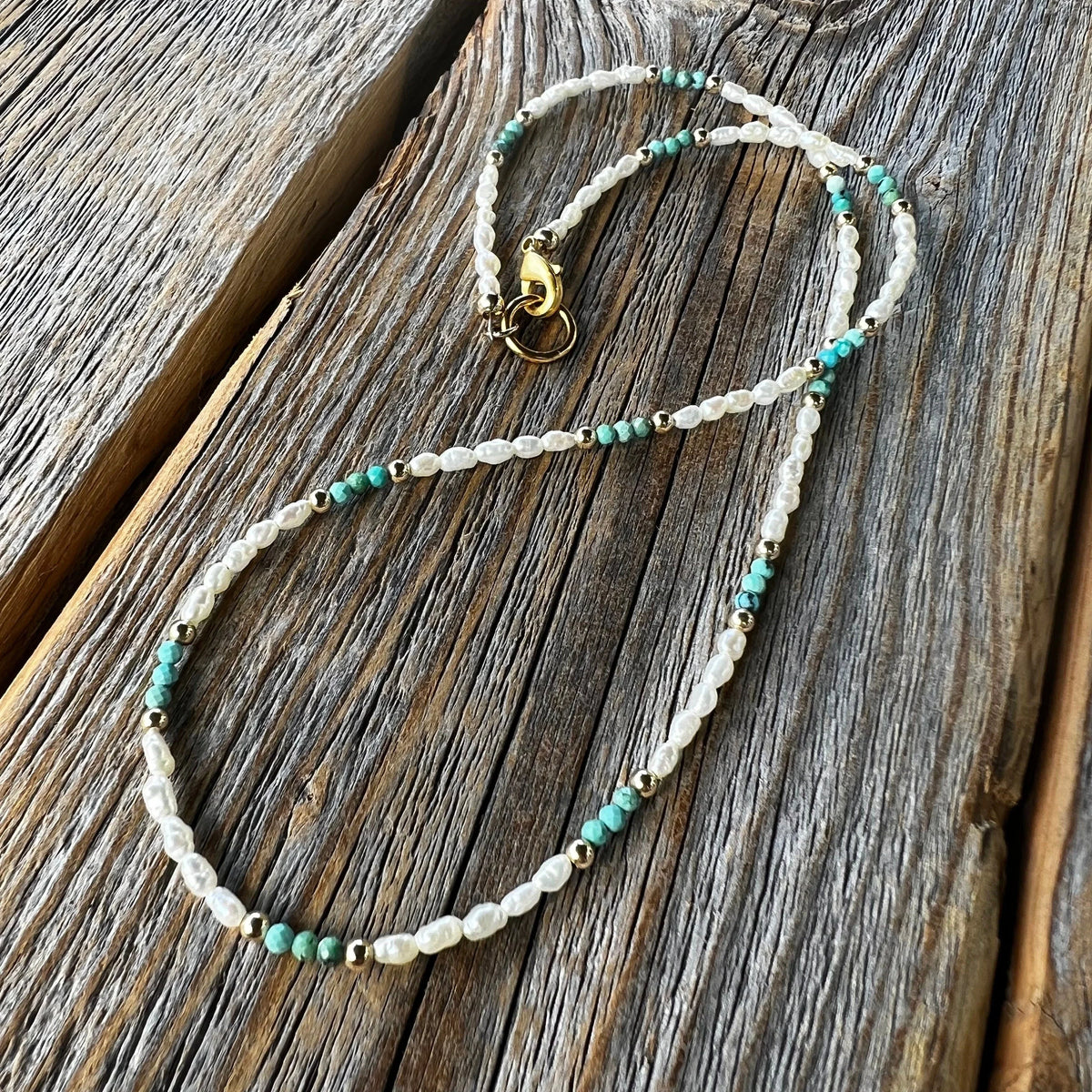 Freshwater Pearl and Turquoise Necklace - Beaded Gold Accent Choker