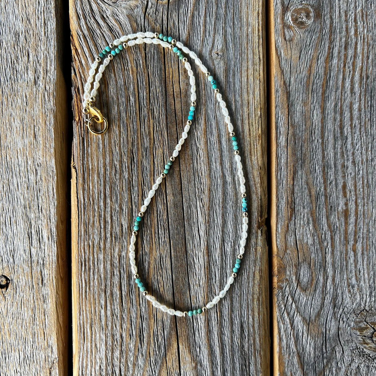 Freshwater Pearl and Turquoise Necklace - Beaded Gold Accent Choker
