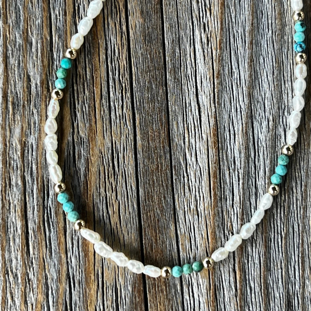 Freshwater Pearl and Turquoise Necklace - Beaded Gold Accent Choker