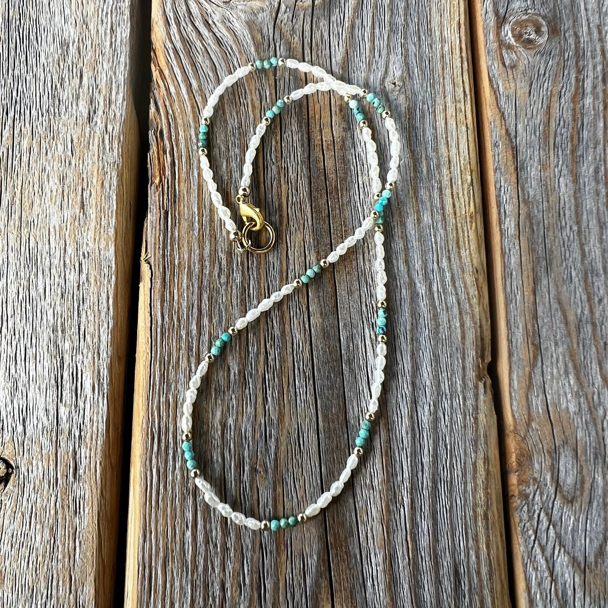 Freshwater Pearl and Turquoise Necklace - Beaded Gold Accent Choker