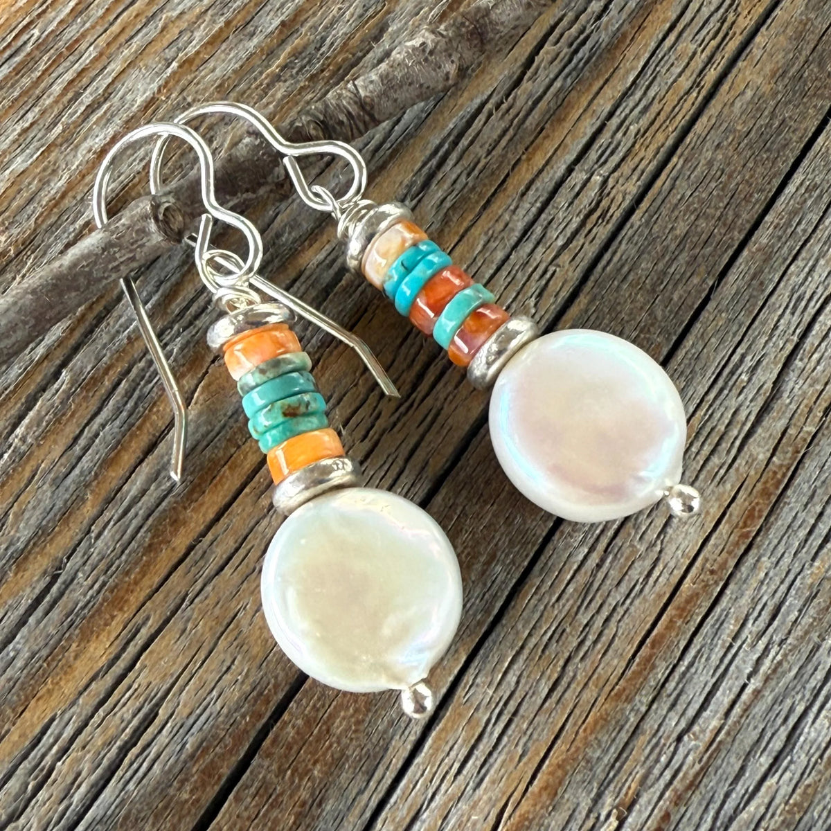 Freshwater Pearl Earrings with Turquoise and Spiny Oyster Gemstone Beads, Sterling Silver