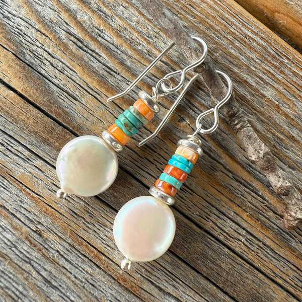 Freshwater Pearl Earrings with Turquoise and Spiny Oyster Gemstone Beads, Sterling Silver