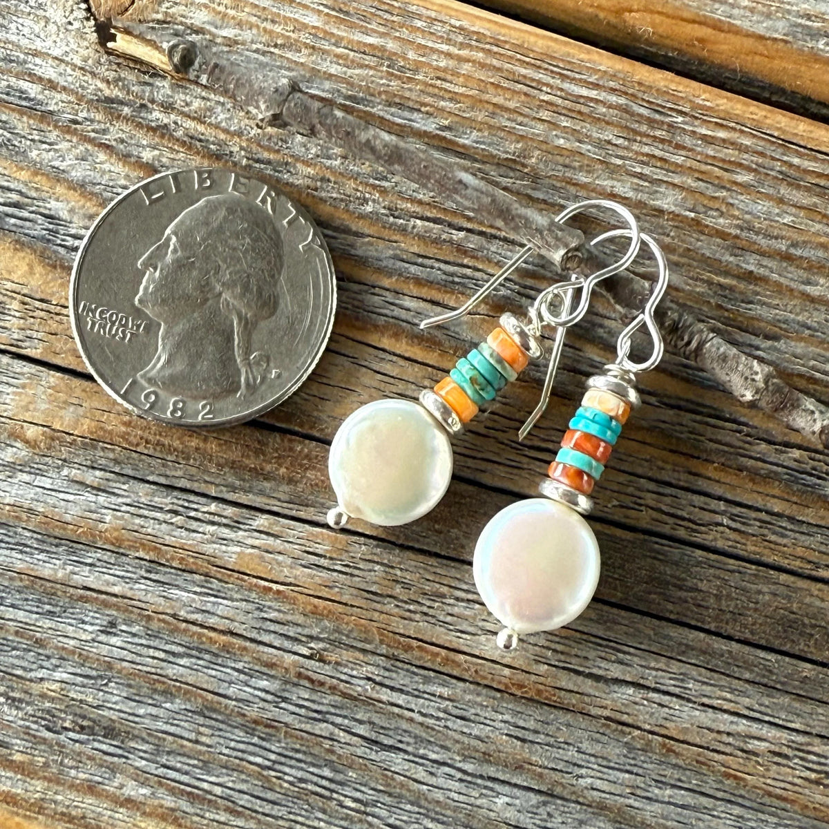 Freshwater Pearl Earrings with Turquoise and Spiny Oyster Gemstone Beads, Sterling Silver