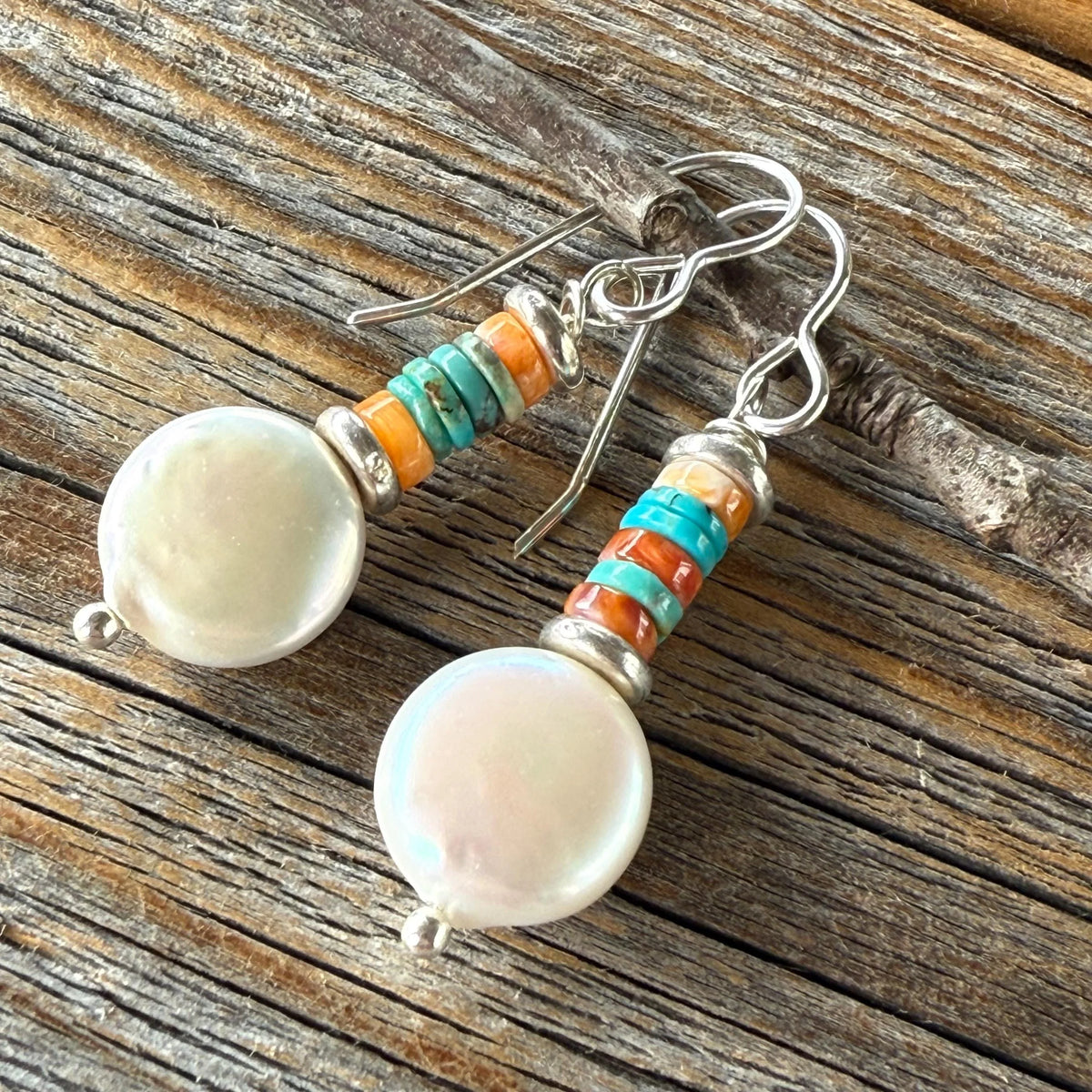 Freshwater Pearl Earrings with Turquoise and Spiny Oyster Gemstone Beads, Sterling Silver