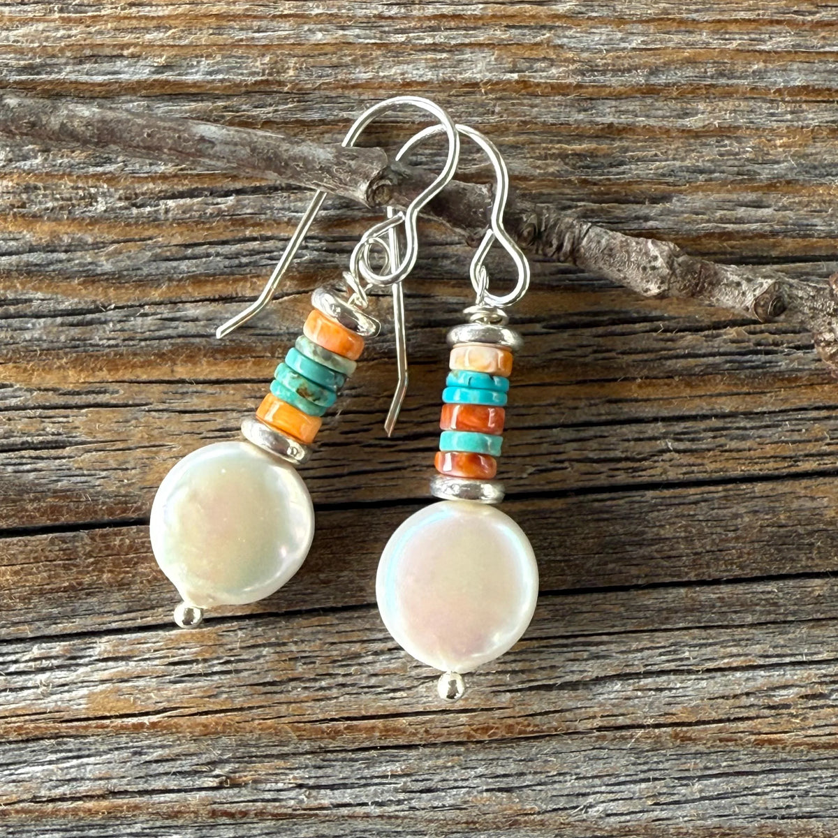 Freshwater Pearl Earrings with Turquoise and Spiny Oyster Gemstone Beads, Sterling Silver