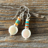 Freshwater Pearl Earrings with Turquoise and Spiny Oyster Gemstone Beads, Sterling Silver