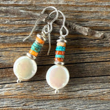 Freshwater Pearl Earrings with Turquoise and Spiny Oyster Gemstone Beads, Sterling Silver
