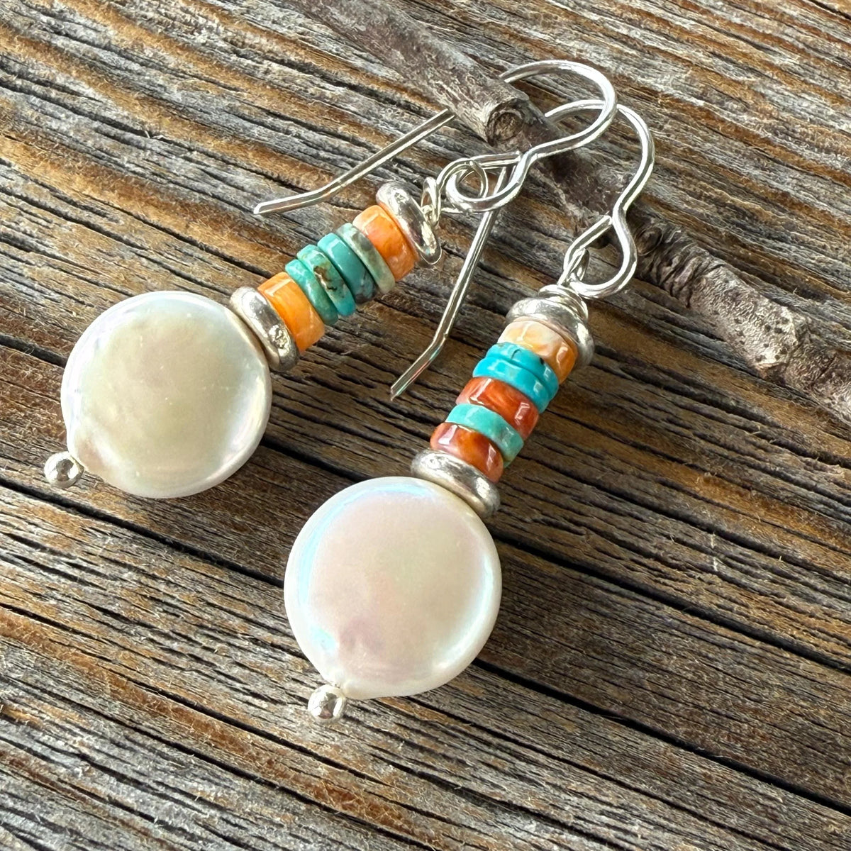 Freshwater Pearl Earrings with Turquoise and Spiny Oyster Gemstone Beads, Sterling Silver