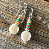 Freshwater Pearl Earrings with Turquoise and Spiny Oyster Gemstone Beads, Sterling Silver