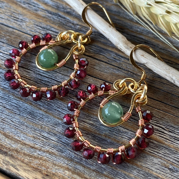Garnet Aventurine Beaded Hoop Earrings, January Birthstone