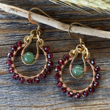 Garnet Aventurine Beaded Hoop Earrings, January Birthstone