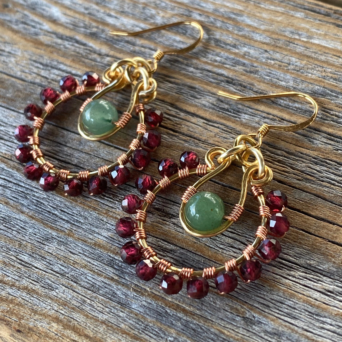 Garnet Aventurine Beaded Hoop Earrings, January Birthstone