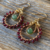 Garnet Aventurine Beaded Hoop Earrings, January Birthstone