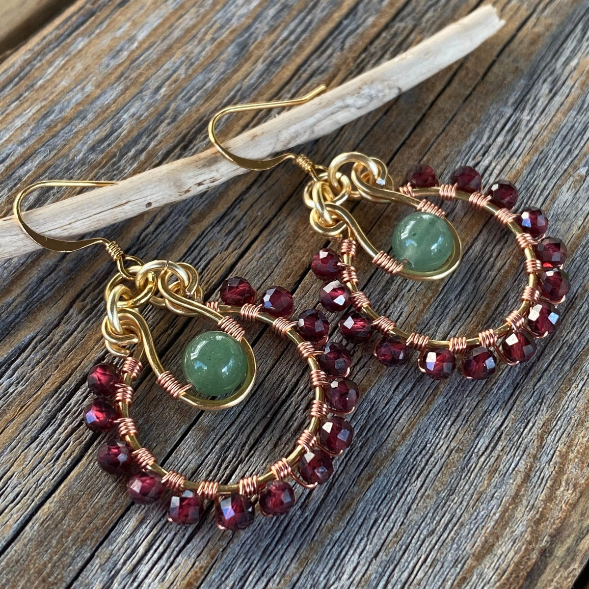 Garnet Aventurine Beaded Hoop Earrings, January Birthstone