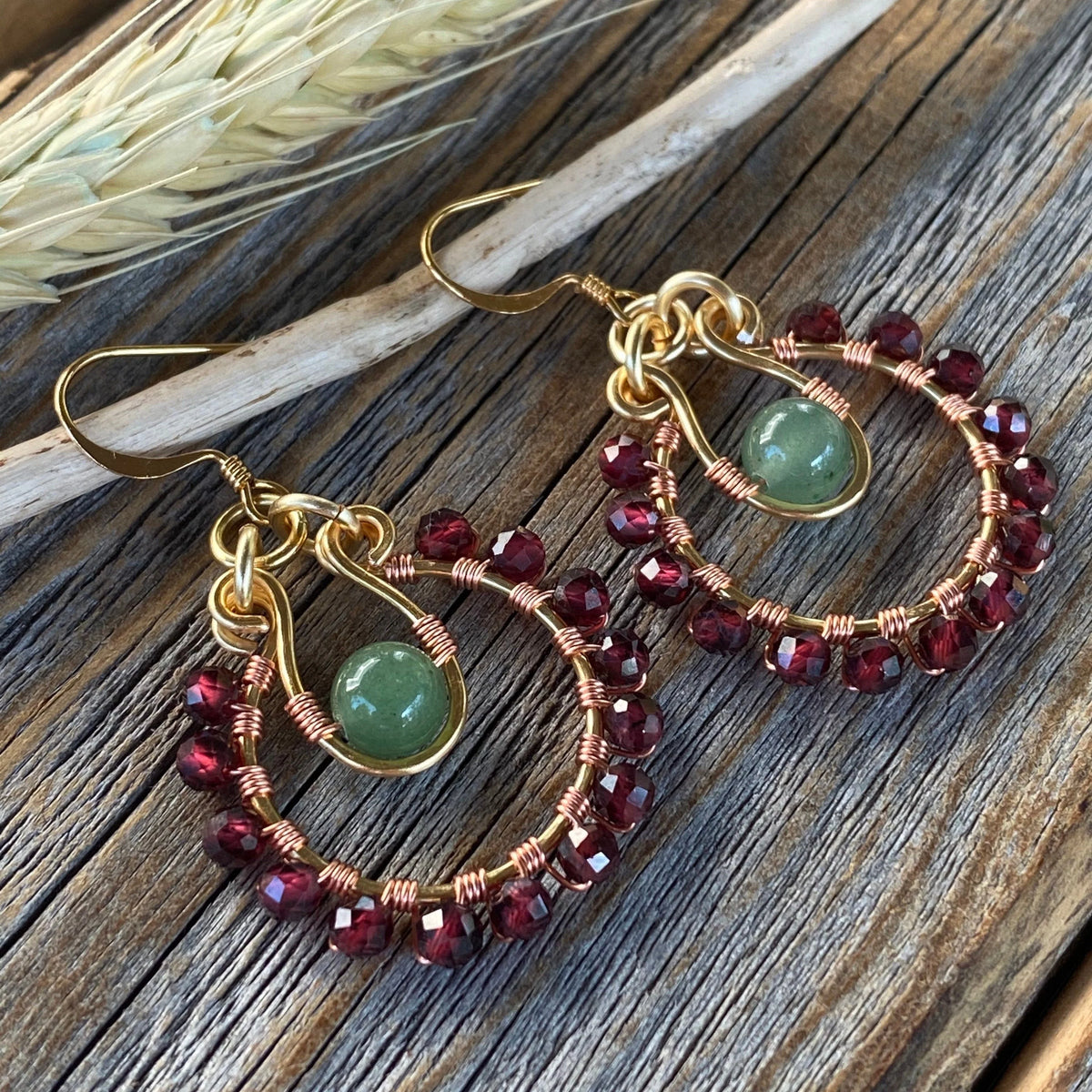 Garnet Aventurine Beaded Hoop Earrings, January Birthstone
