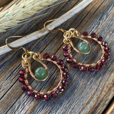 Garnet Aventurine Beaded Hoop Earrings, January Birthstone