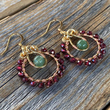 Garnet Aventurine Beaded Hoop Earrings, January Birthstone
