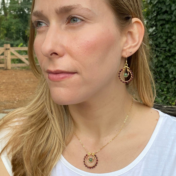 Garnet Green Aventurine Boho Jewelry Set, Burgundy Statement Necklace Earrings (January Birthstone)