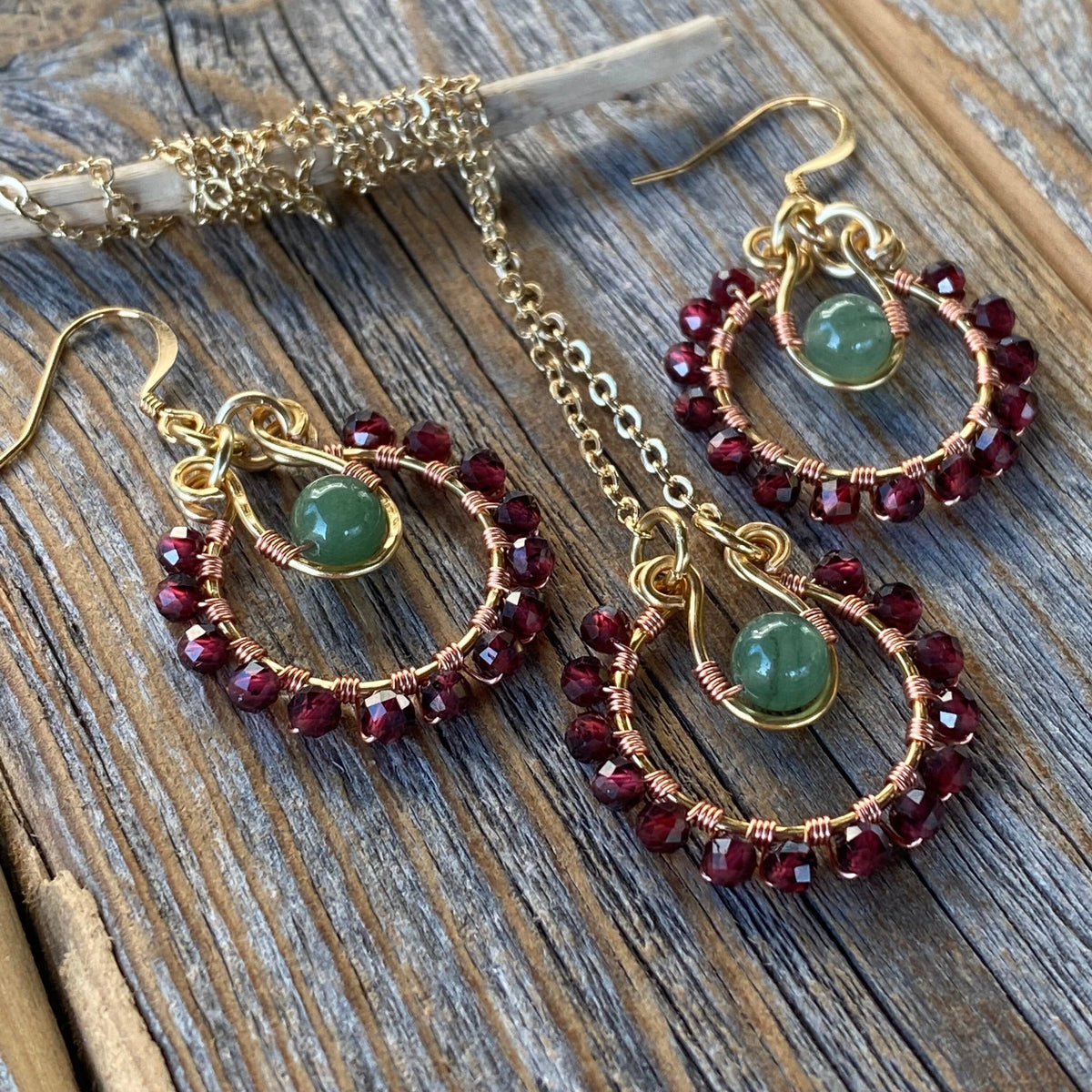 Garnet Green Aventurine Boho Jewelry Set, Burgundy Statement Necklace Earrings (January Birthstone)