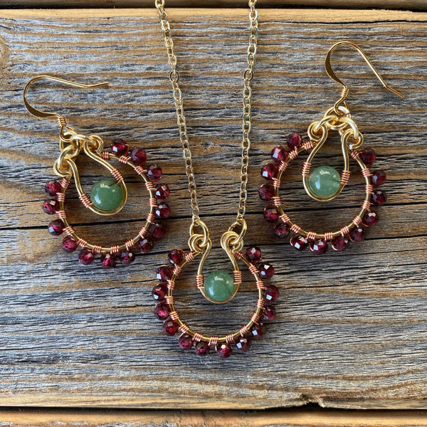 Garnet Green Aventurine Boho Jewelry Set, Burgundy Statement Necklace Earrings (January Birthstone)