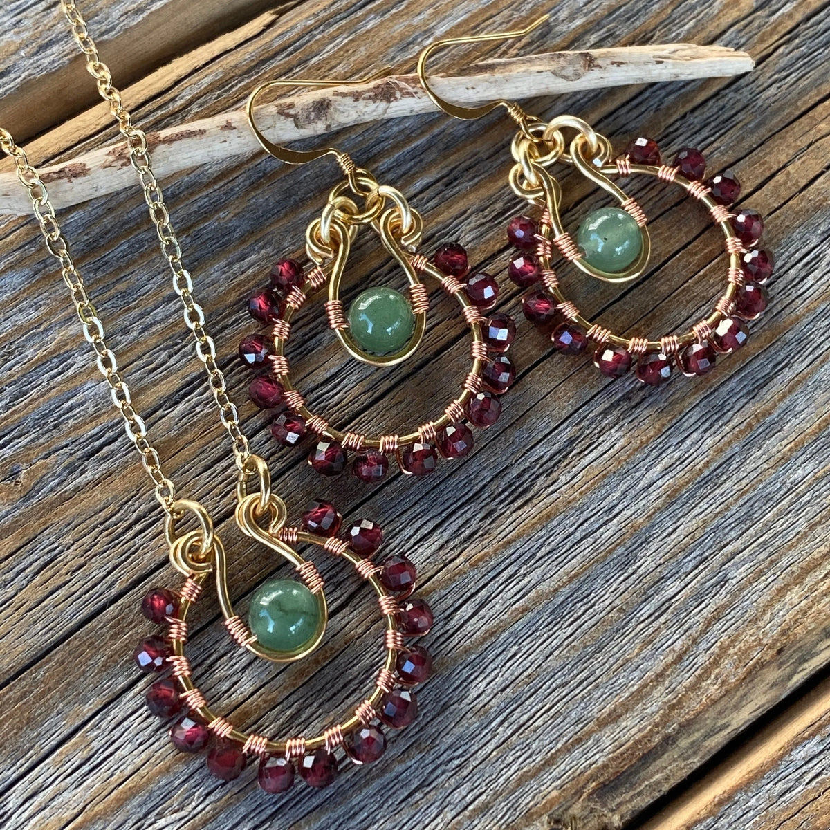 Garnet Green Aventurine Boho Jewelry Set, Burgundy Statement Necklace Earrings (January Birthstone)